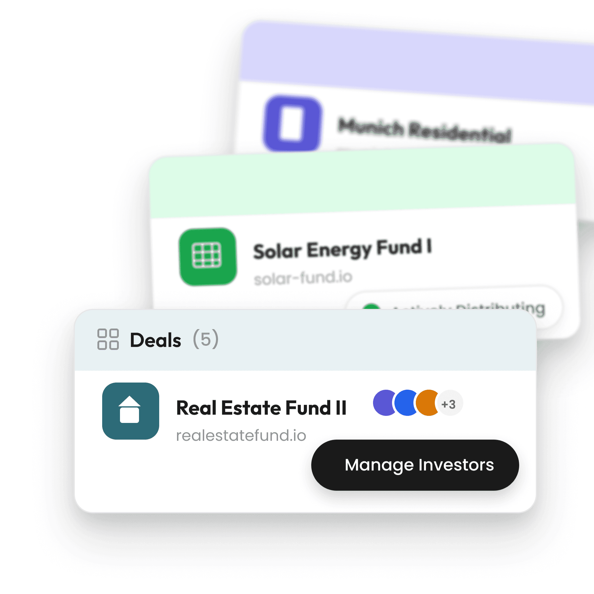 Deal cards for real estate and solar financing vehicles with branded investor portals