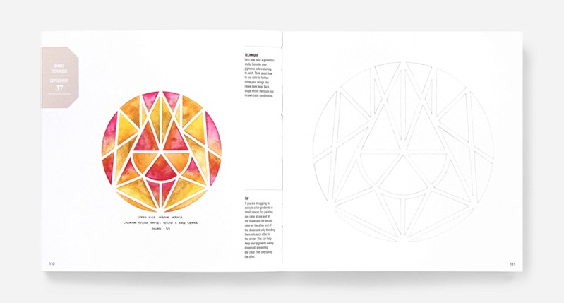A book with a sample pattern made on a circle with colors like: yellow, orange, red and magenta.