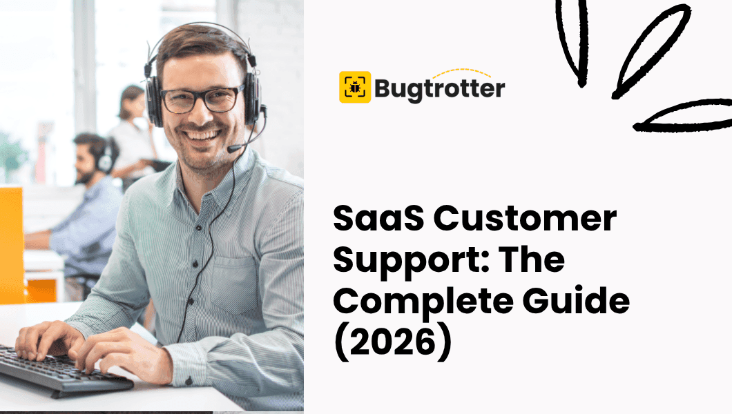 Customer support agent working on a computer with blog title and Bugrotter logo displayed alongside