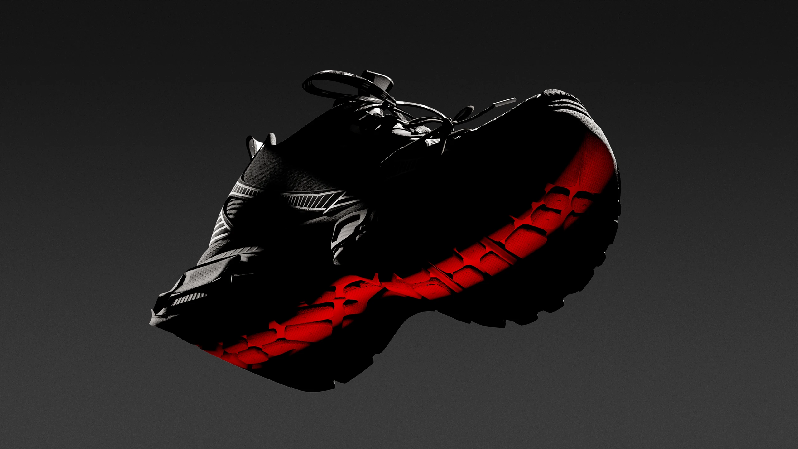 Balenciaga sneaker sole 3D render with red midsole, dark background