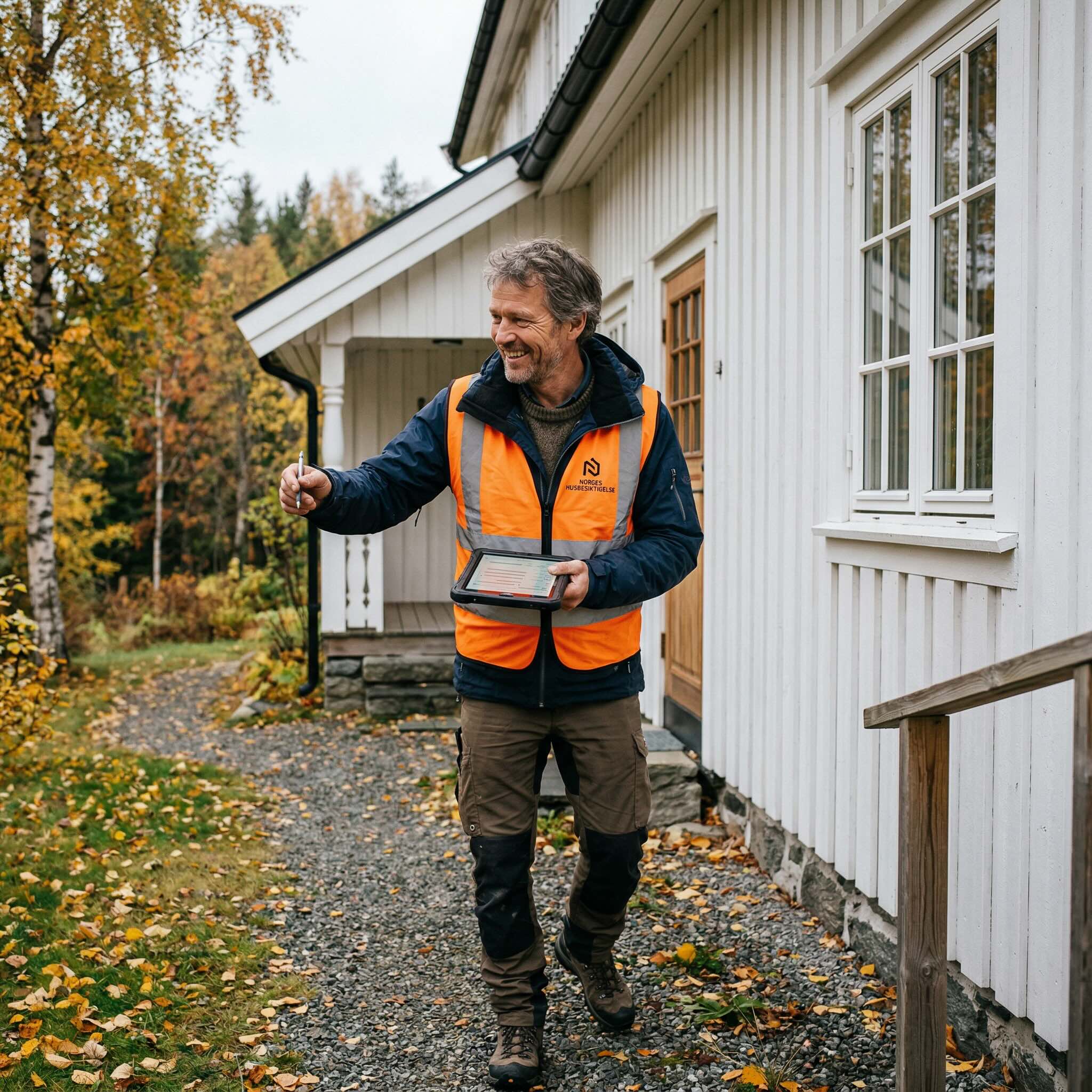 mann som går utenfor et bygg og gjør tilstandsanalyse