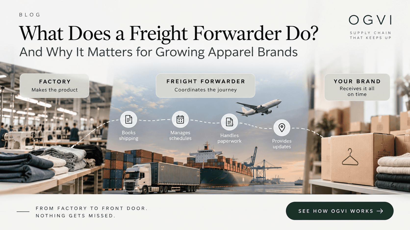 Freight forwarder coordinating shipments from factory to apparel brand, including shipping, schedules, paperwork, and delivery updates.