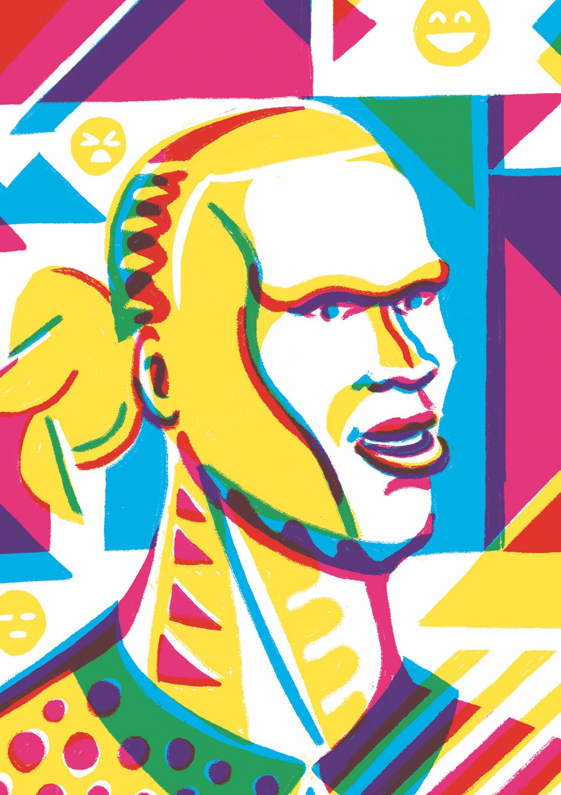 Portrait of Erling Haaland for the 2023 Tschuttiheftli art competition. It is in just the three colors of yellow, cyan and magenta, overlapping and forming new colors.