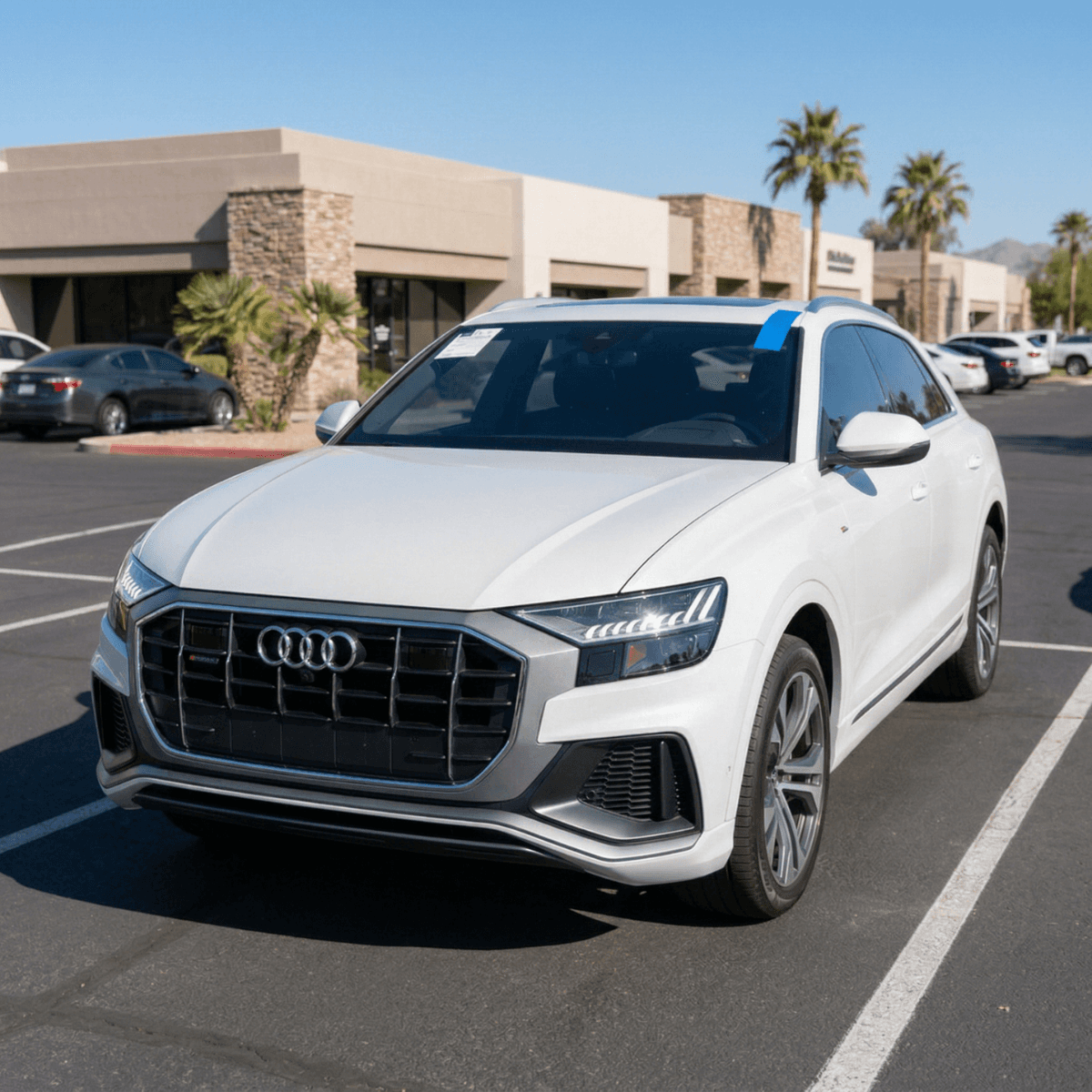 White Audi Q8 SUV gleaming after a windshield swap at a Paradise Valley, AZ shopping center
