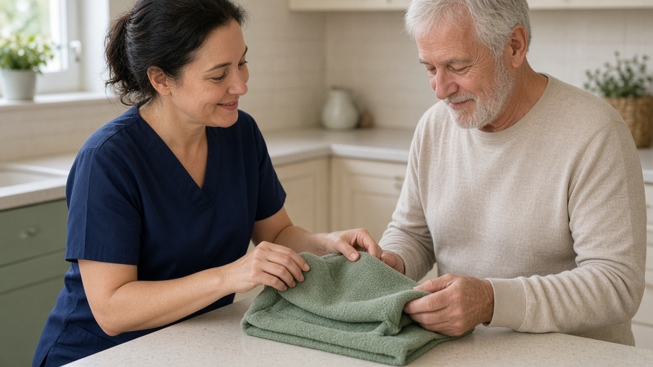 This image depicts a female caregiver in navy scrubs assisting an elderly man with white hair and a beard to fold a green towel together. They are seated at a countertop in a bright, well-lit kitchen, suggesting an in-home care environment. The interaction illustrates supportive tasks and engagement activities commonly involved in dementia or elderly care, emphasizing hands-on assistance and companionship.
