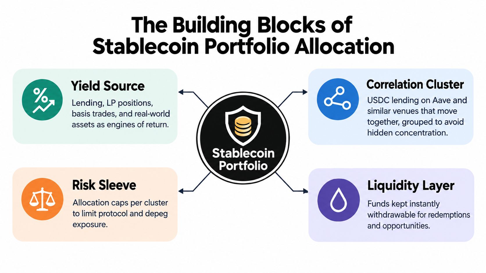 A diagram outlining the key components for managing a balanced and diversified stablecoin portfolio allocation strategy.