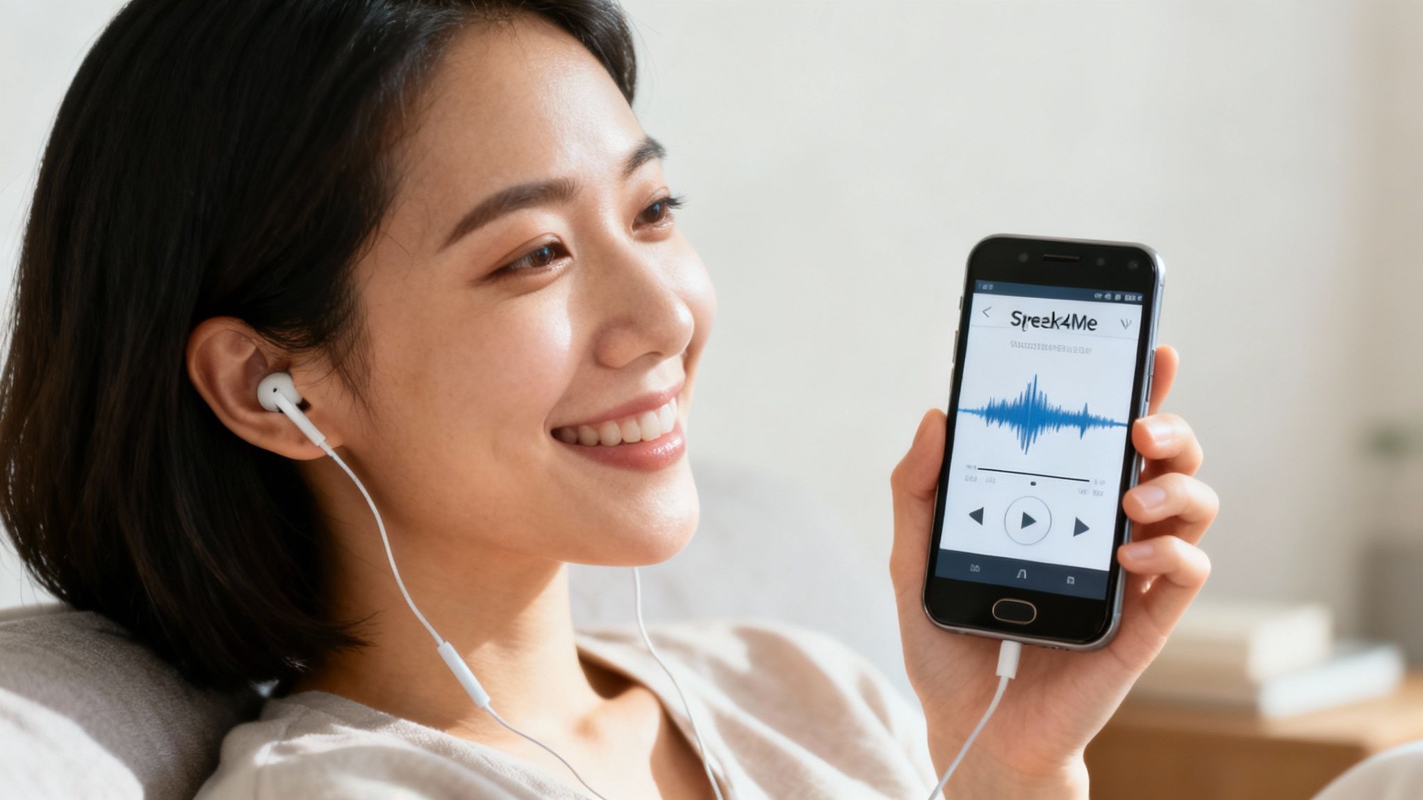 Man using his Android phone while listening with headphones in a modern office.