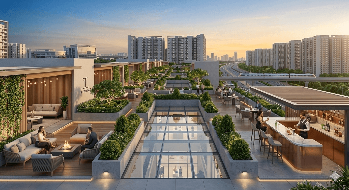 Luxury rooftop terrace garden and lounge at a commercial hub in Sector 82