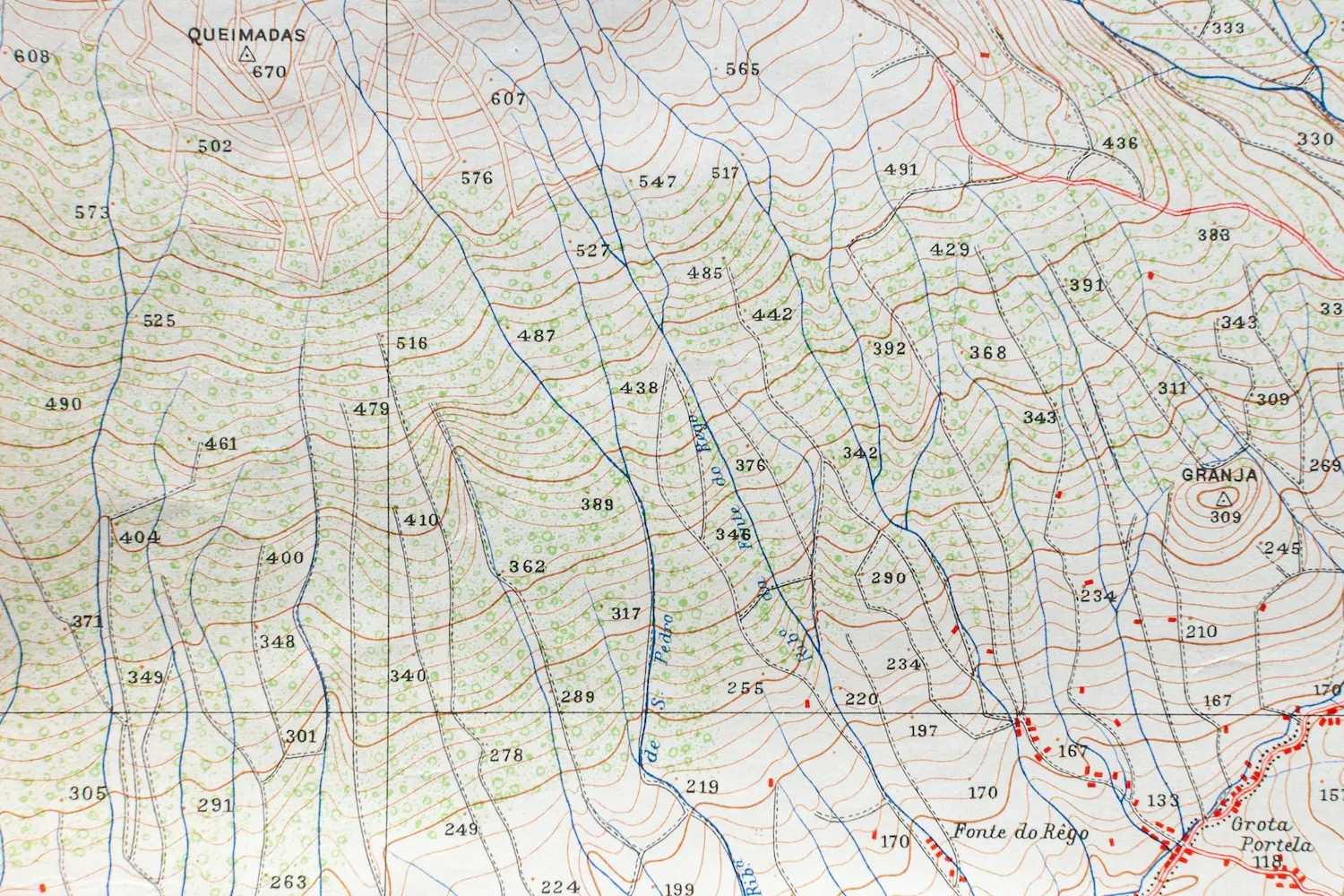 Detailed topographic survey map displaying terrain elevation contour lines and geographical features