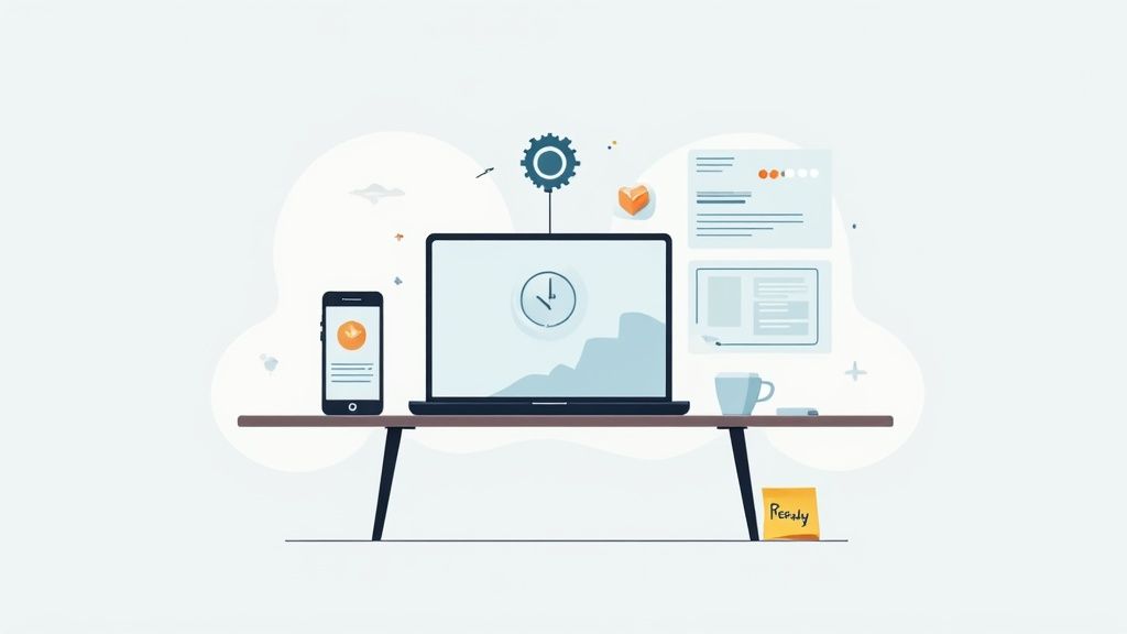 A clean illustration showing a laptop, smartphone, and productivity tools on a desk, ready for work.