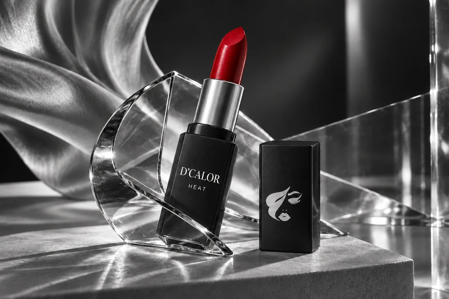 Selective-colour version: Cherry-red HEAT lipstick in black D’CALOR packaging beside rose-coloured glass and satin