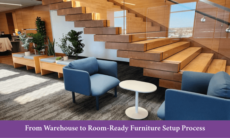 Modern office lounge with floating wooden staircase and seating area.