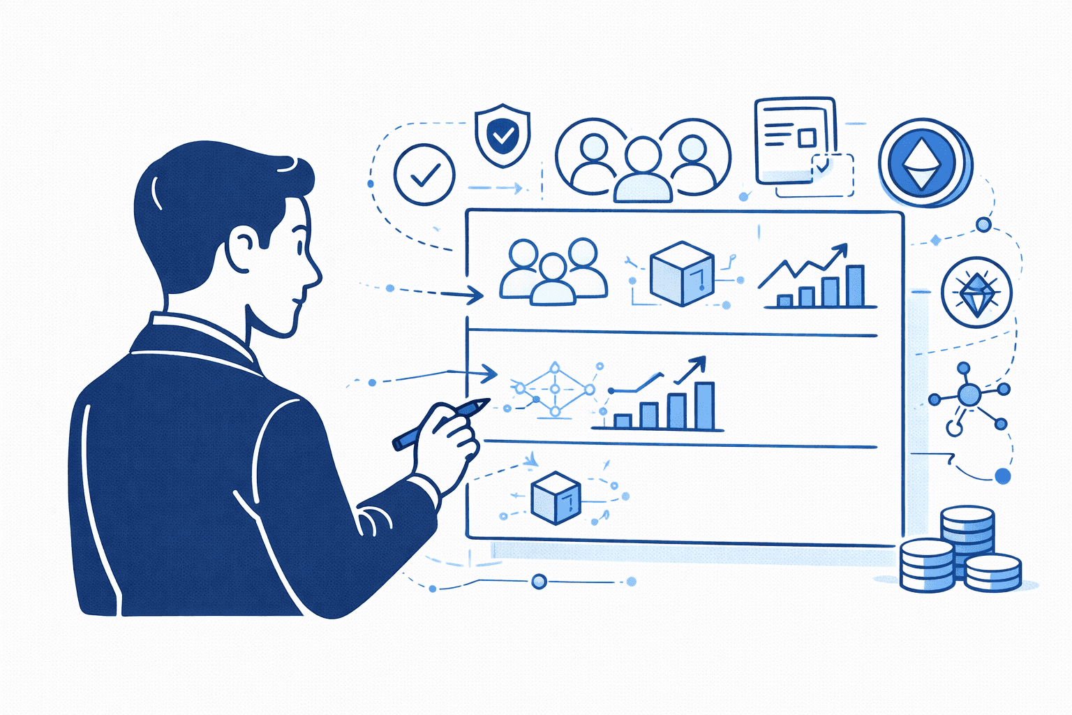 Picture of a guy analyzing differeny Web3 parameters to define what investors can look for to get the project funded