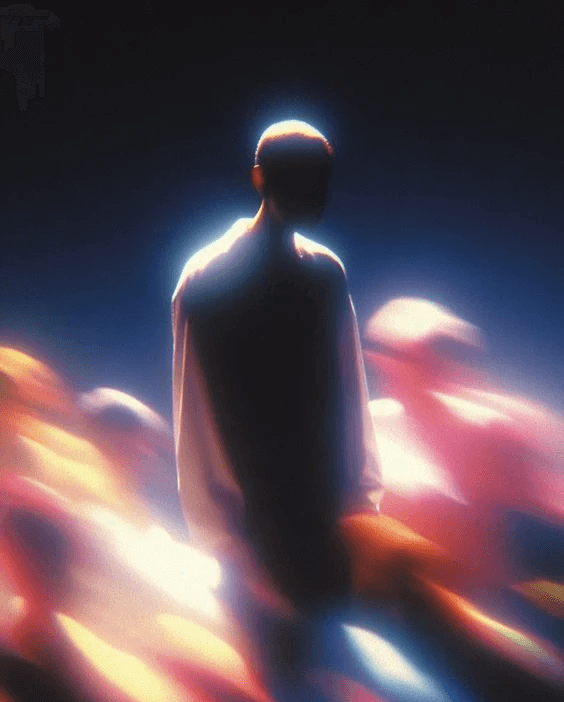 Woman in a beige turtleneck by an old computer and TV, retro 80s office portrait.