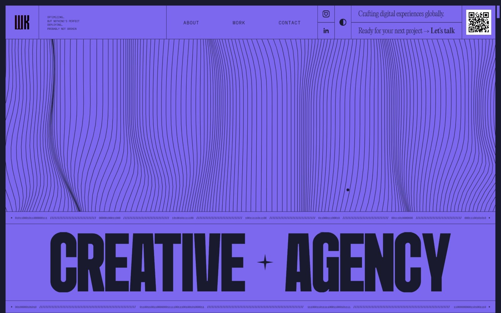 Abstract purple background with wavy lines, large bold text "CREATIVE + AGENCY" at the bottom, and navigation links at the top.