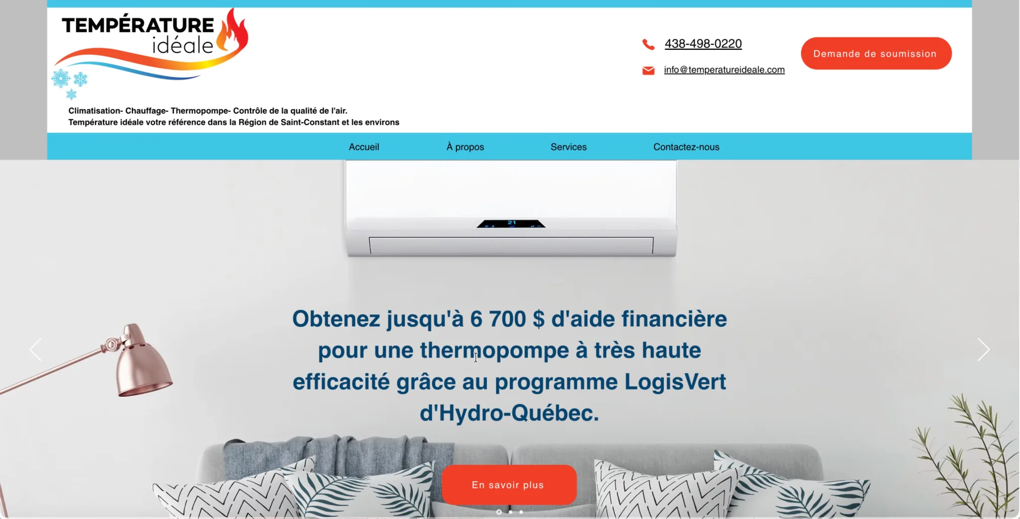 Ancien site web de Température Idéale conçu sur Wix avant l’intervention de B503 Studio, site vitrine sans optimisation pour les appels entrants.
