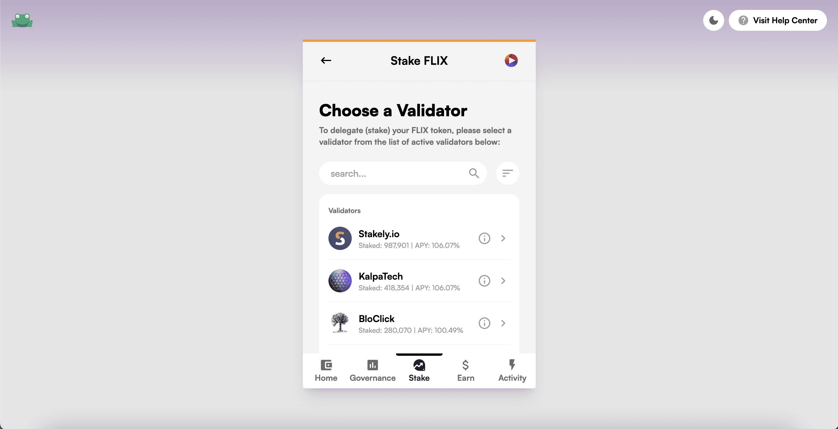 Choose a validator to stake FLIX