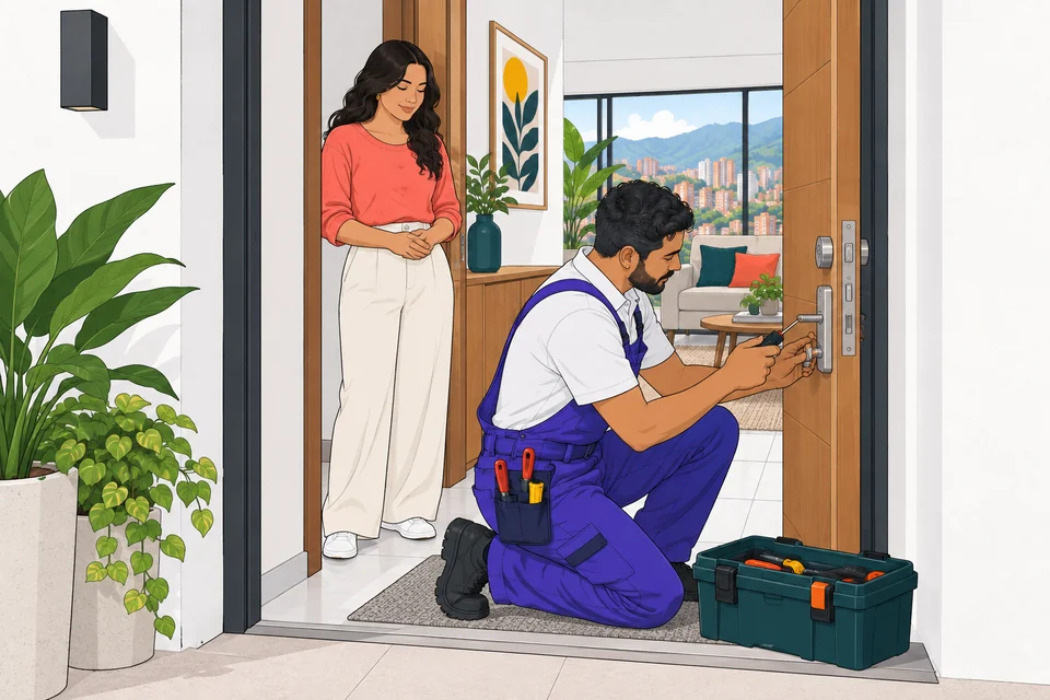 Profesional de cerrajería trabajando en la seguridad de un hogar colombiano
