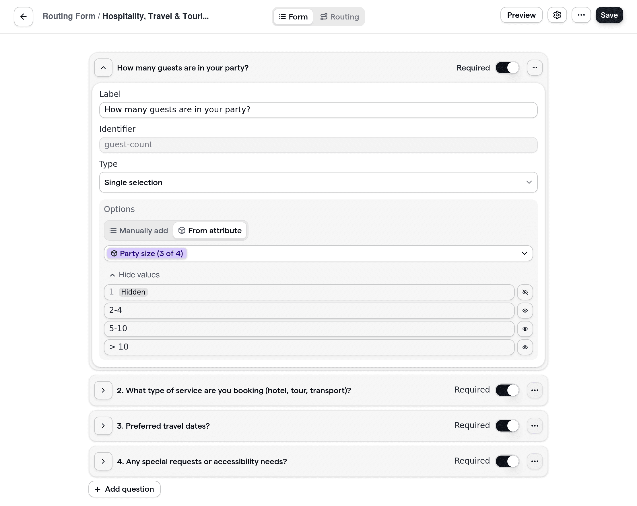 A Cal.com routing form for hospitality, travel and tourism, showing customized questions about guest needs and travel details.