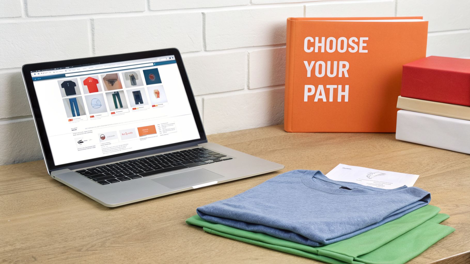 A laptop displaying an online apparel store next to books and folded t-shirts on a wooden desk.