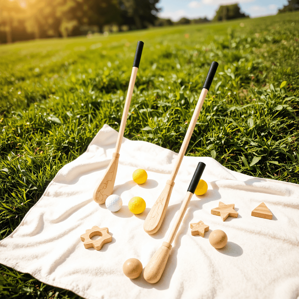 product photography of a set of wooden toy golf clubs and balls for children