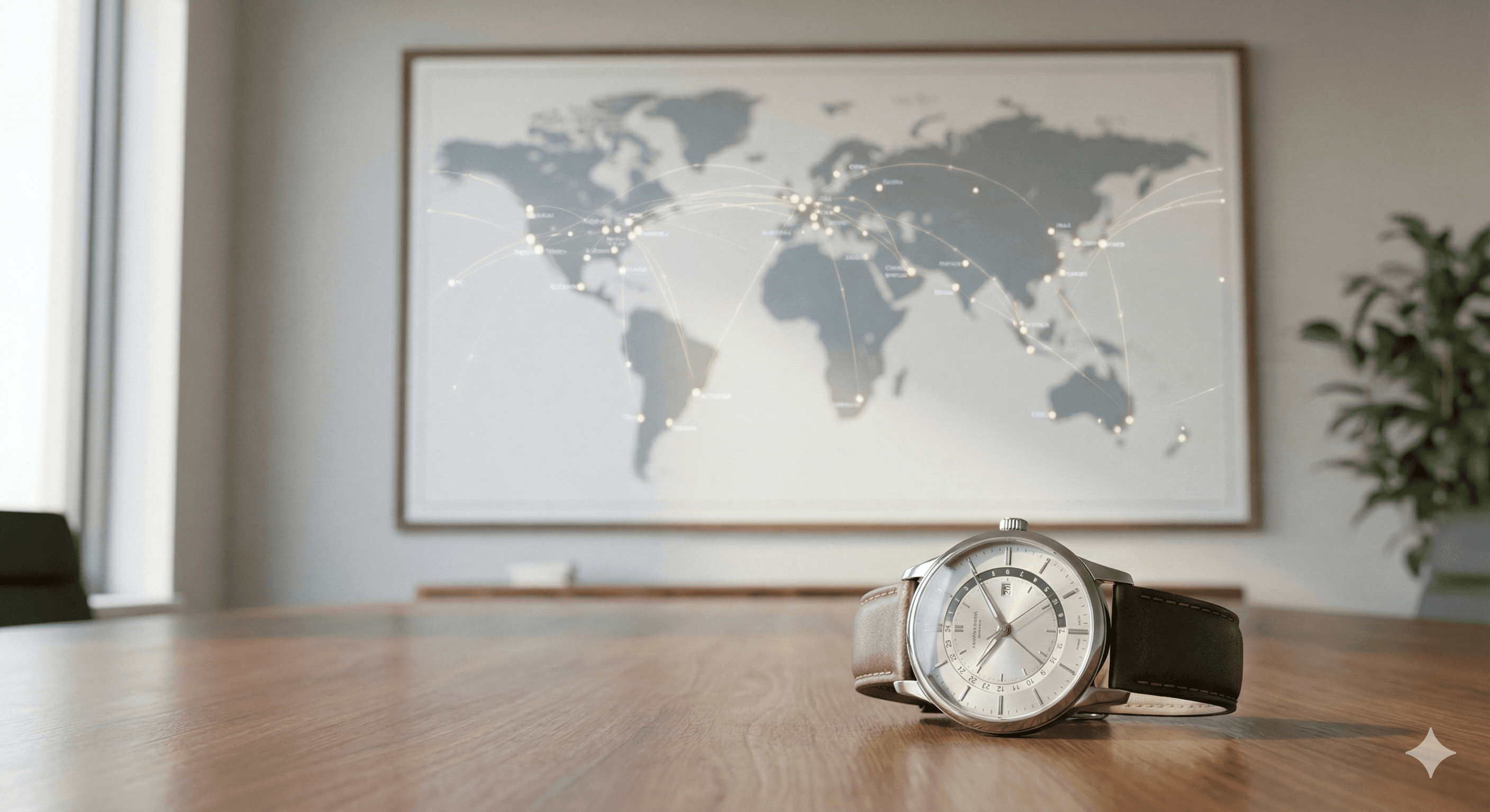 Globale Skalierbarkeit der Trade-In Software: Eine elegante Armbanduhr liegt im Fokus auf einem Konferenztisch aus Holz. Im unscharfen Hintergrund hängt eine Weltkarte an der Wand, auf der leuchtende Verbindungslinien ein weltweites Netzwerk und internationale Marktpräsenz symbolisieren.