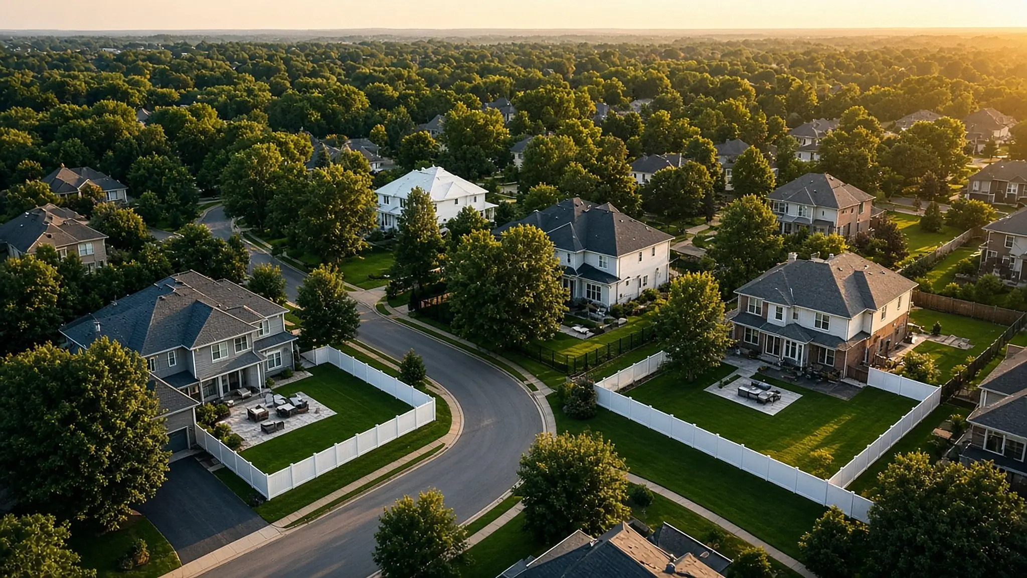Aerial view of a Central Ohio suburban neighborhood at golden hour with new backyard fences