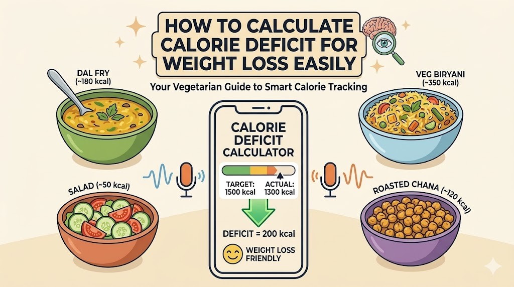 An informative infographic titled 'How to Calculate Calorie Deficit for Weight Loss Easily'. The illustration shows four Indian vegetarian dishes with calorie counts (Dal Fry, Veg Biryani, Salad, Roasted Chana) and a central smartphone app displaying a 'Calorie Deficit Calculator' with target, actual, and deficit values, labeled 'Weight Loss Friendly'. Includes brain, magnifying glass, and microphone icons, following a guide format.