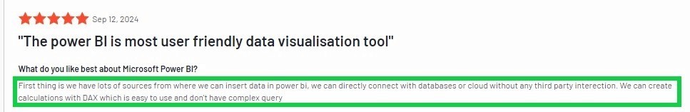Microsoft Power BI user review highlighting ease of use, DAX calculations, and direct database connectivity