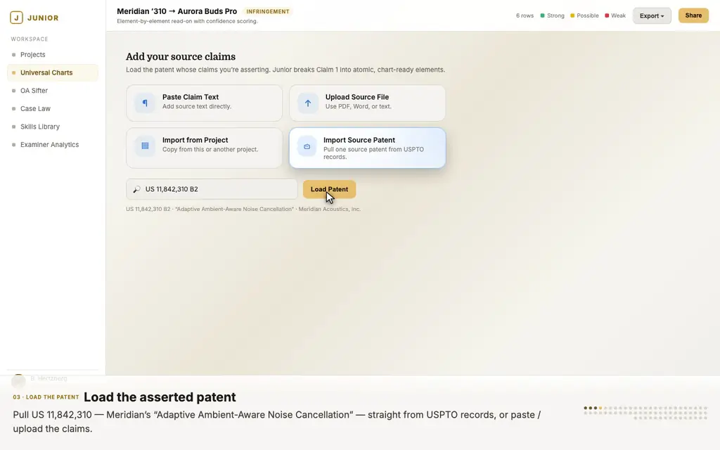 Loading an asserted patent straight from USPTO records, with the full claim set pulled first