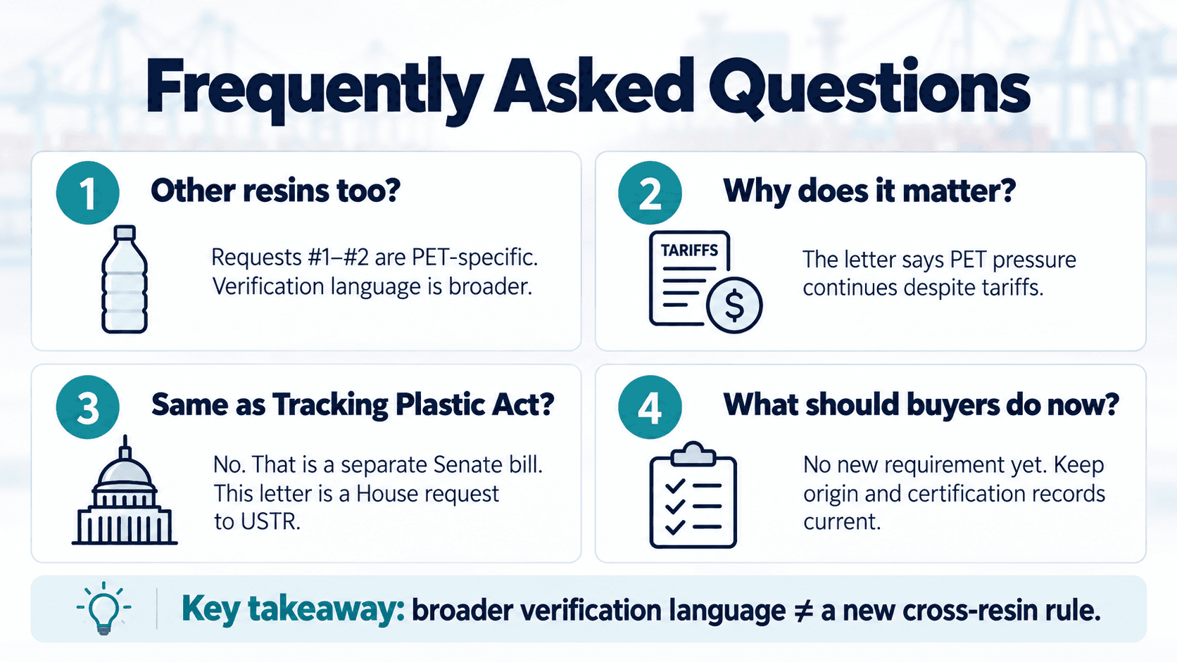 Infographic answering four FAQs on the 2026 PET trade letter — whether it covers other resins, why it matters given existing tariffs, how it differs from the Tracking Plastic Act, and what rHDPE/rPP buyers should do now