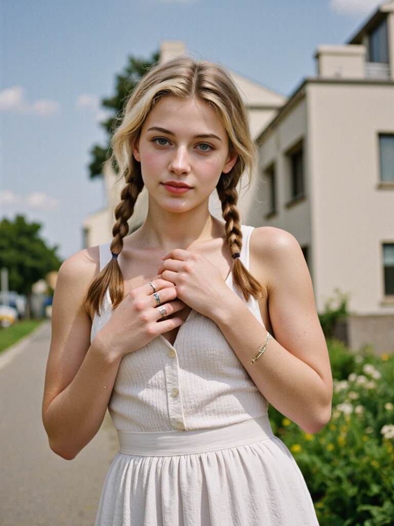 An AI girl with braids, wearing a white dress, standing in front of a house.