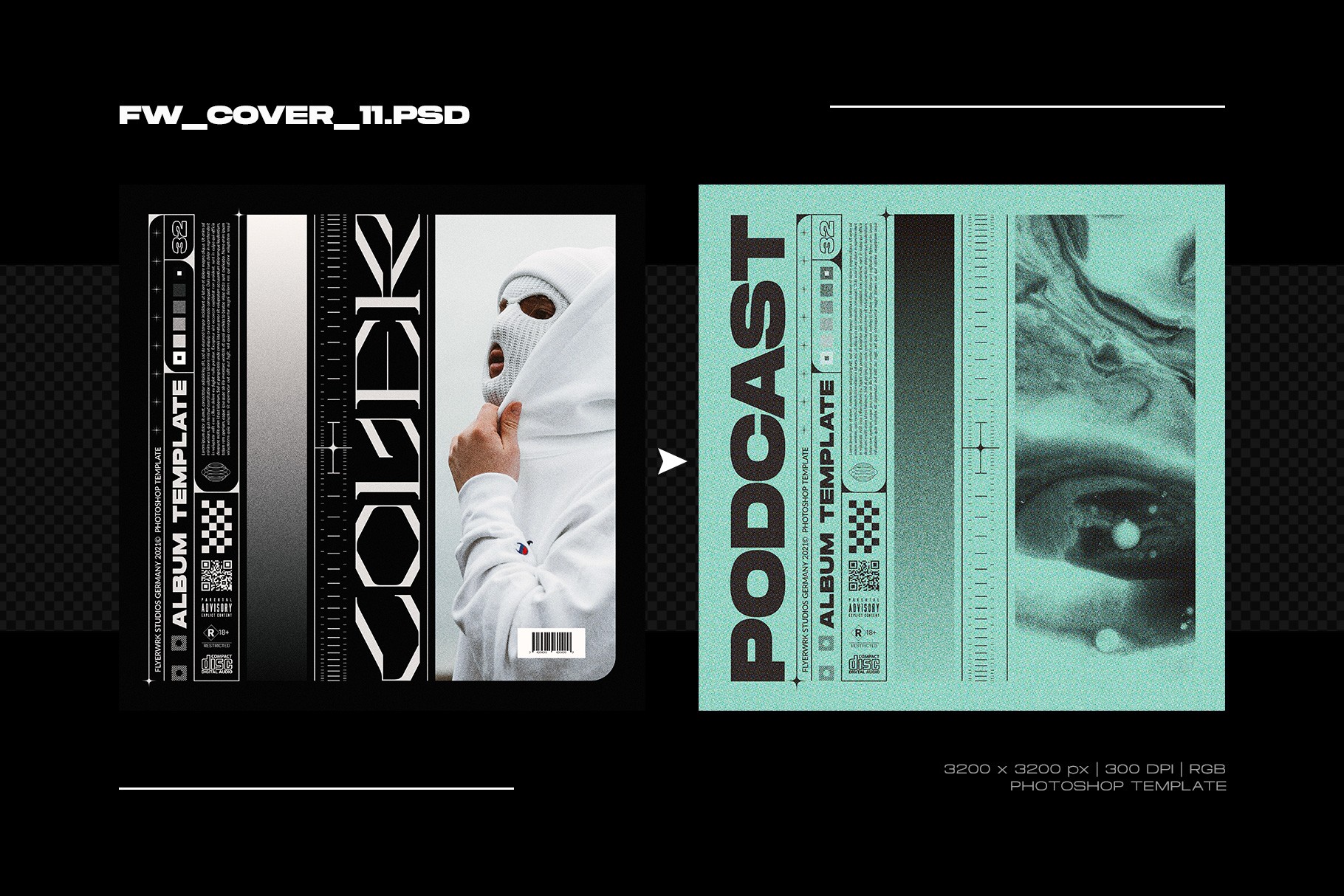 Album cover template featuring a person in a white mask with technical layout details and barcode