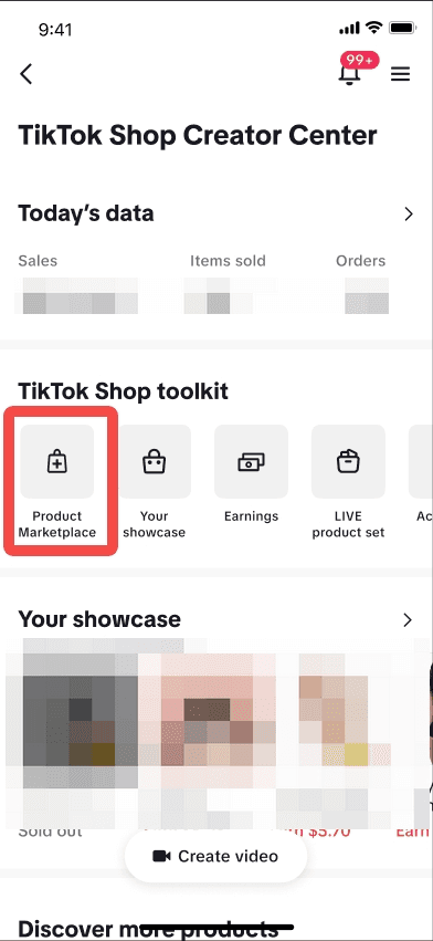 A blurred mobile phone screenshot showing the TikTok Shop Creator Center interface with data and a highlighted icon.