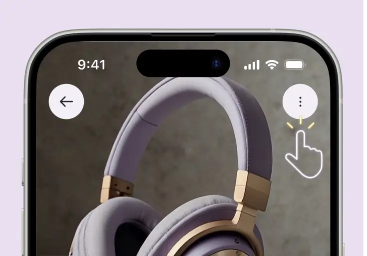 Whisprice product detail page showing the three-dot menu icon in the top right corner