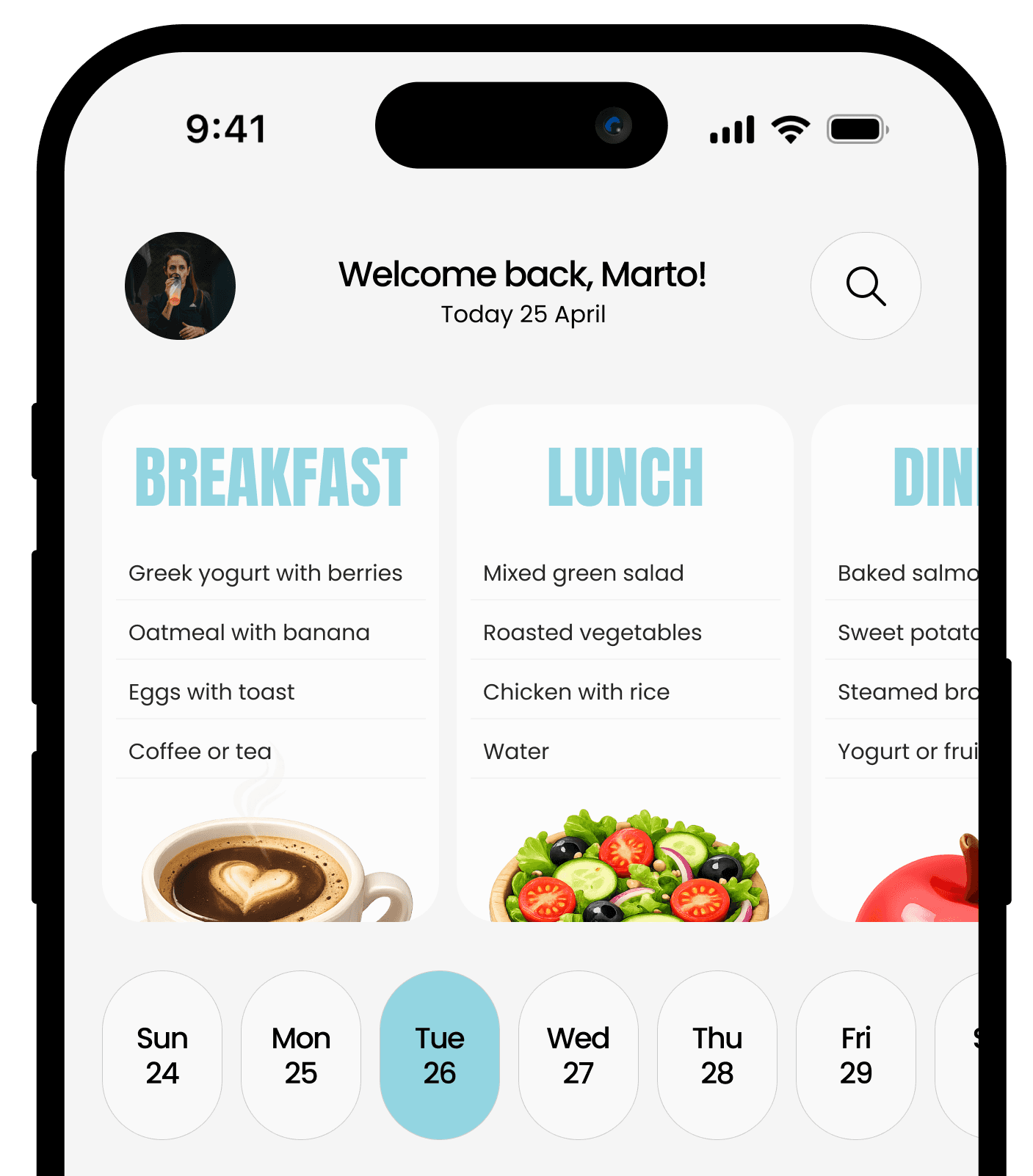 Mobile fitness app interface showing a meal planner dashboard and a yoga exercise screen with ‘Downward Dog’ instructions displayed on a smartphone.