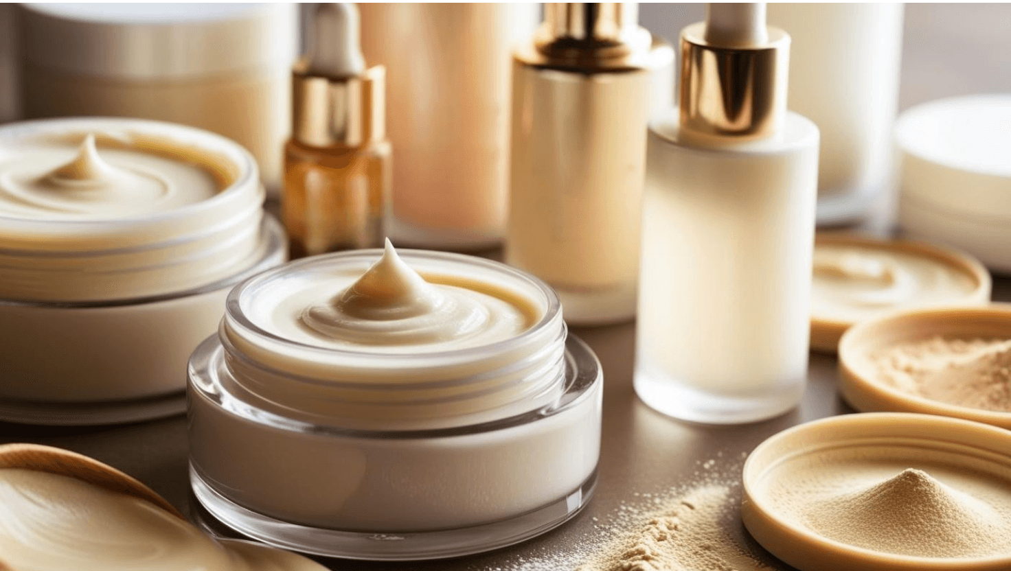 Close-up of a premium face cream in an open jar, surrounded by elegant cosmetic bottles and formulation powders — evoking precision, texture, and high-end skincare development.