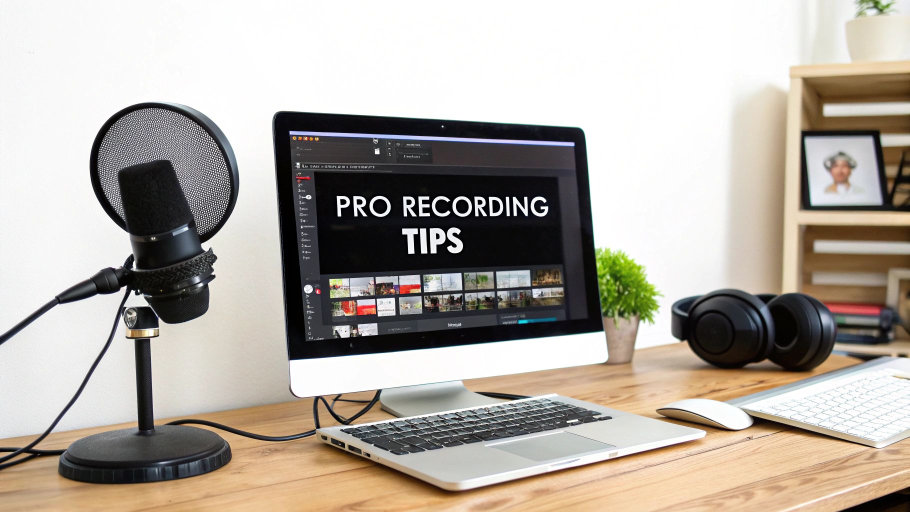 Professional recording setup with microphone, laptop displaying pro recording tips, and headphones on desk