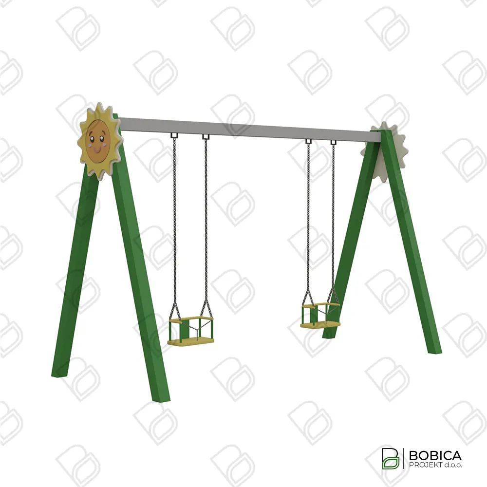 Dvosjedna dječja ljuljačka s motivom sunca u jarkim bojama za igru na otvorenom – BOBICA PROJEKT