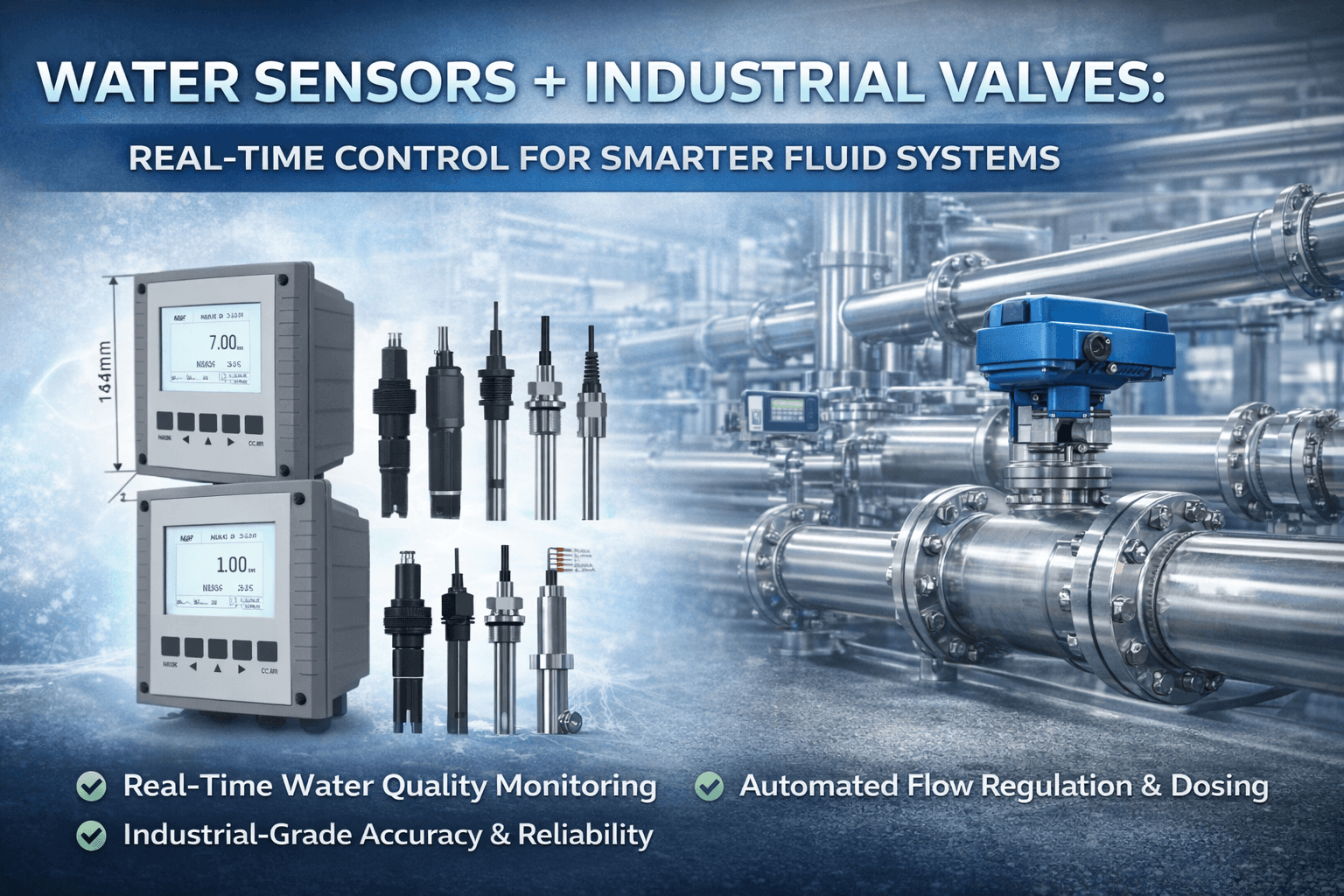 Industrial water sensors and valves for process control and automation