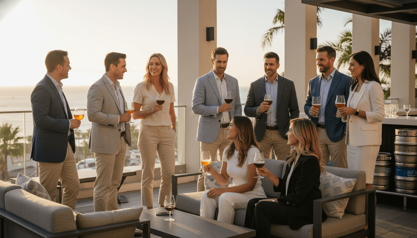 gathering of people in business attire holding a tulip glass of beer at a hotel patio