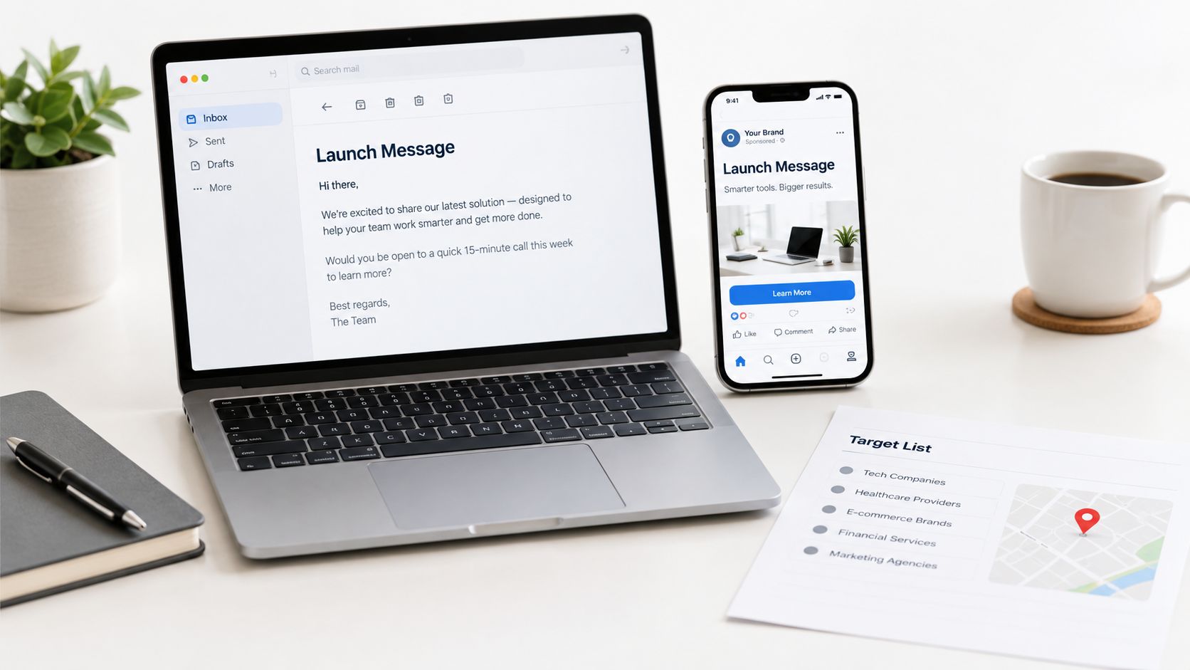 A professional desk workspace featuring a laptop, smartphone, notebook, and a target marketing list document.