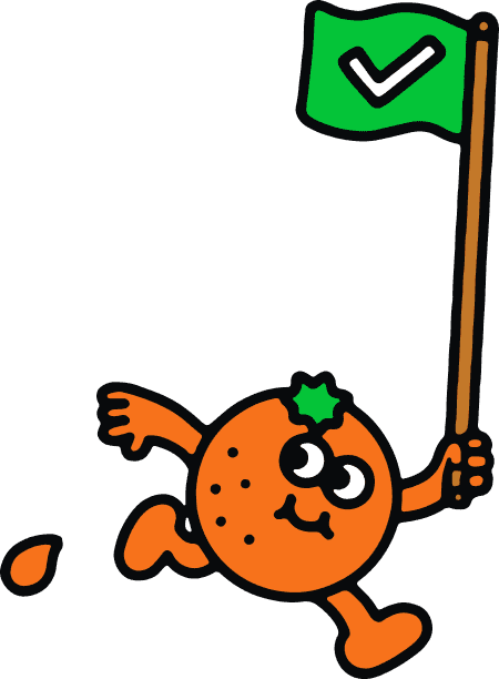 Illustrated orange character running with a green checkmark flag.
