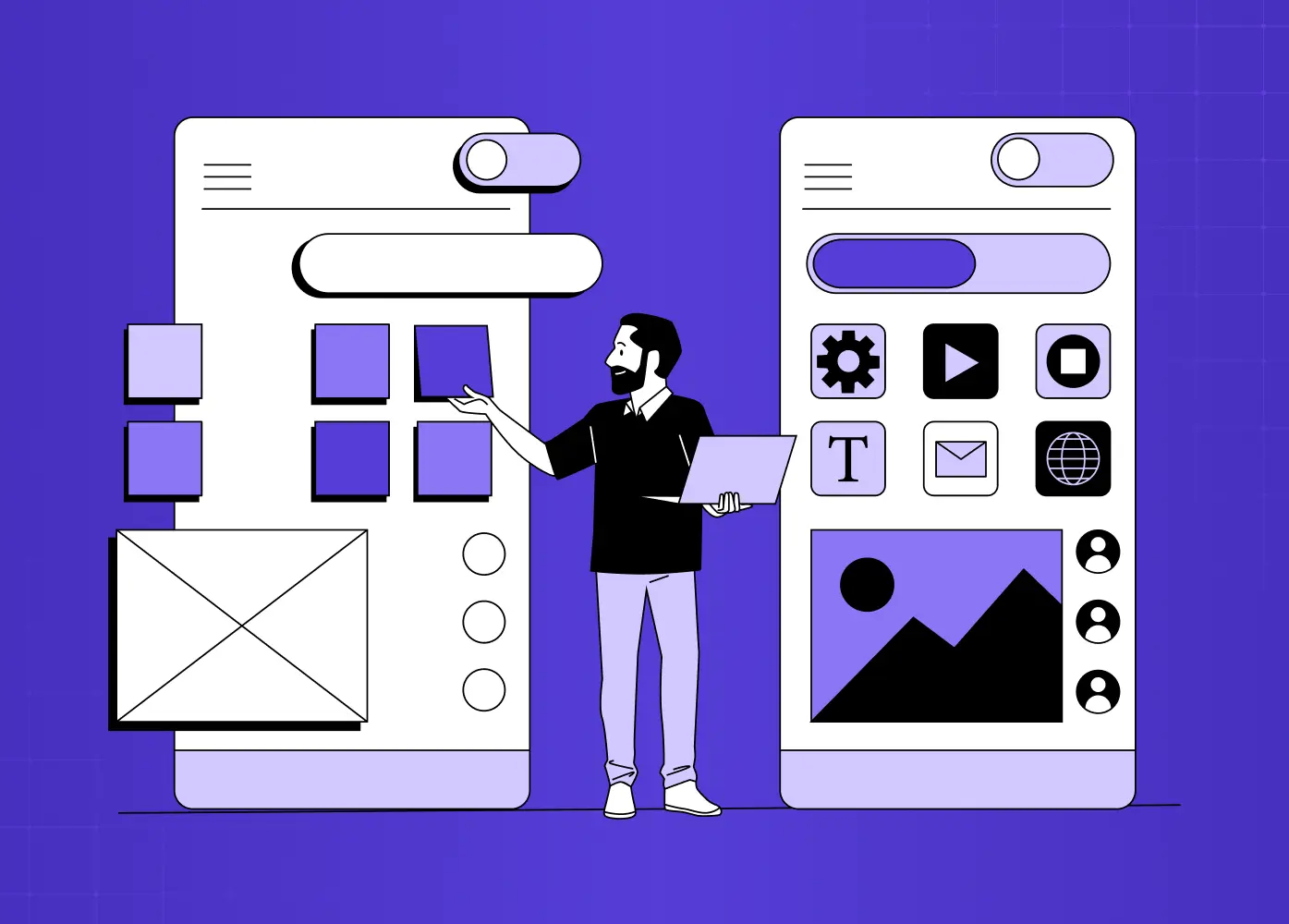 Illustration of a designer standing between two mobile interface mockups, demonstrating UI components, color palettes, toggles, icons, and image placeholders.