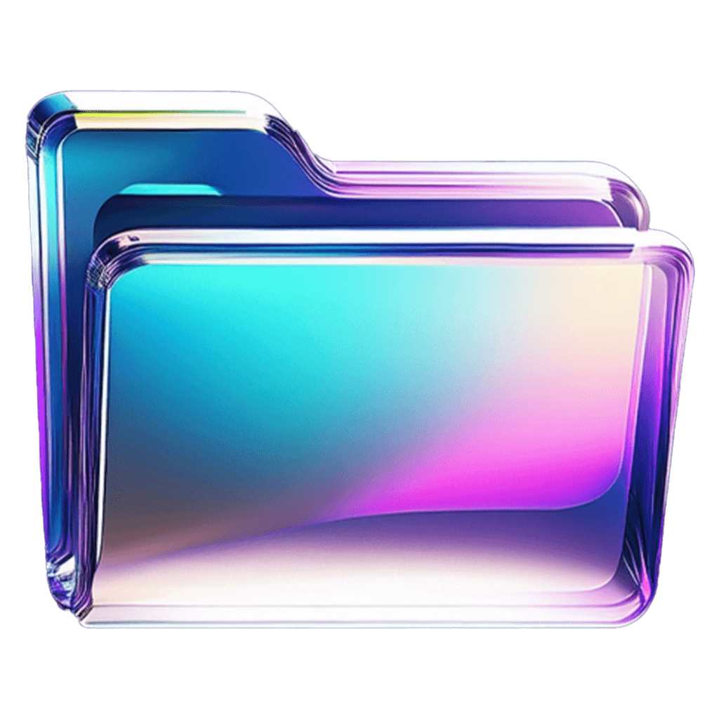 A colorful, glossy folder icon with shades of blue, purple, and a reflective finish.