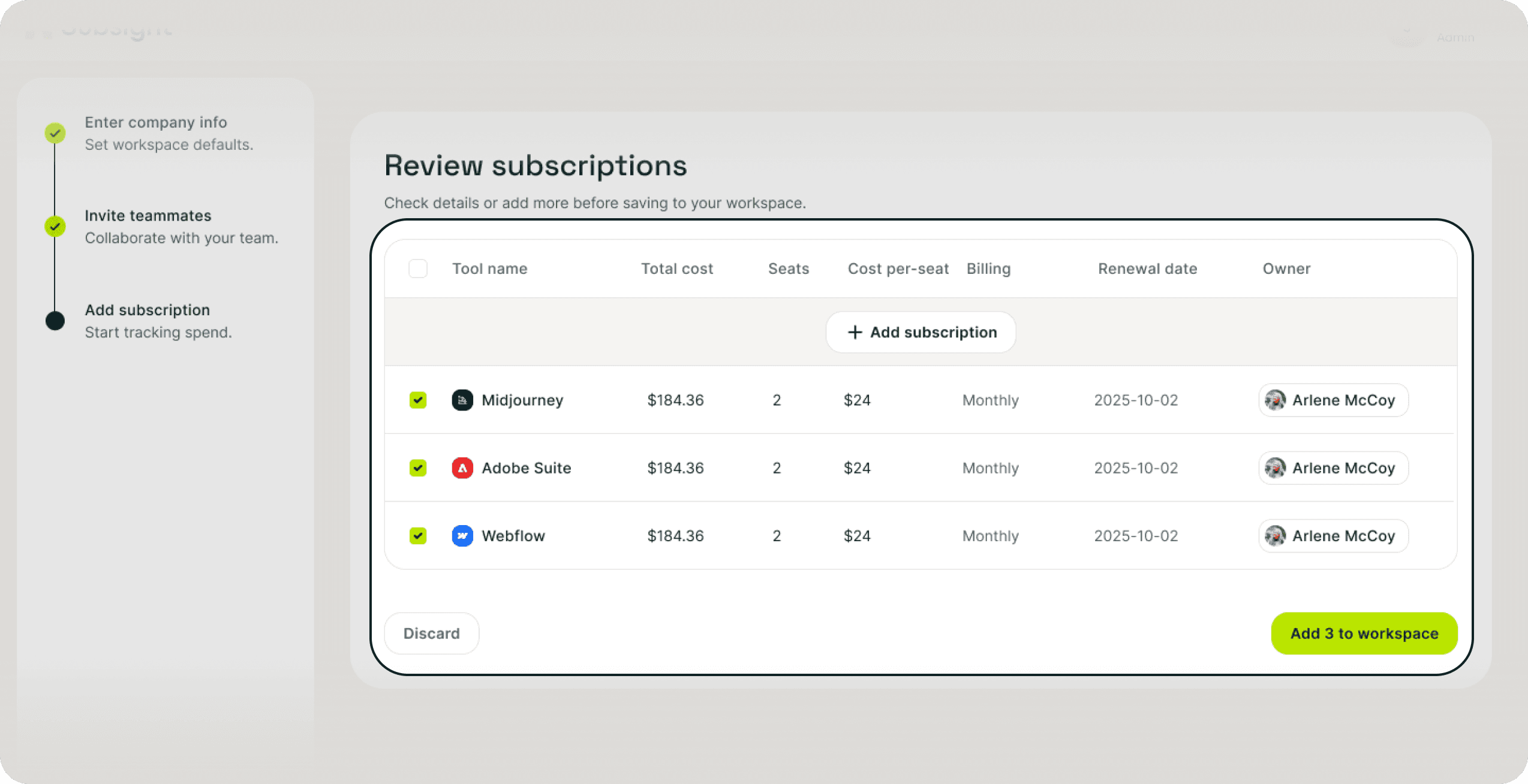 Subsight detected subscriptions screen with AI-identified tools, costs, billing frequency, and selection checkboxes.