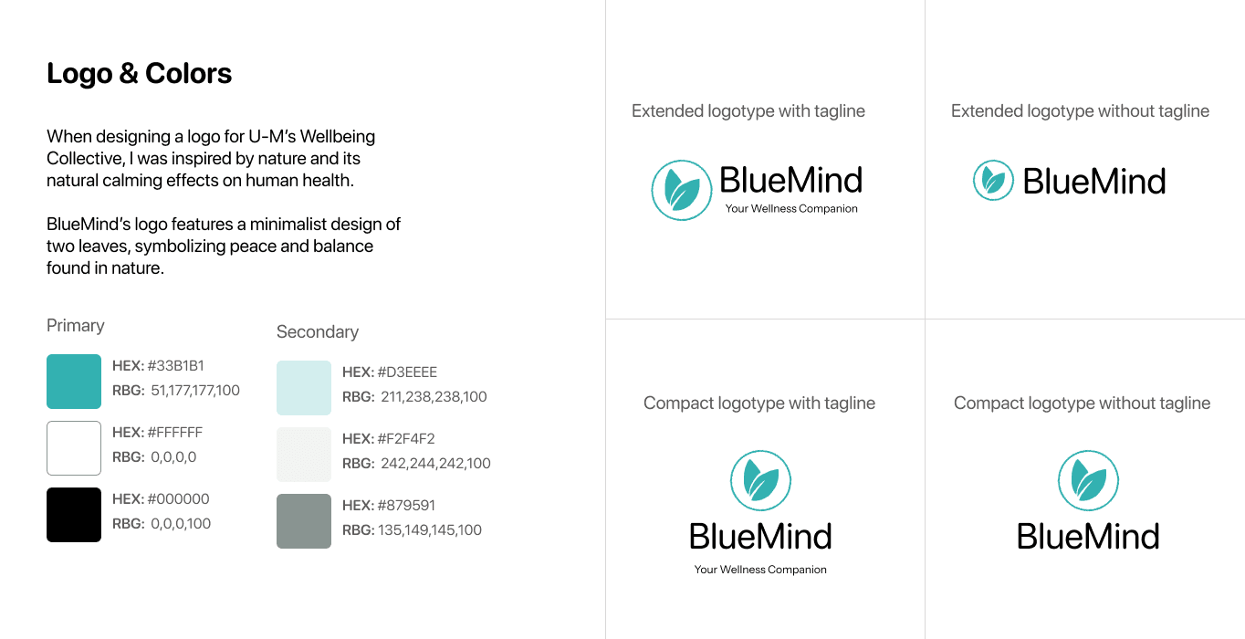 Final logo are 2 leaves with primary colors of teal, white, and black 