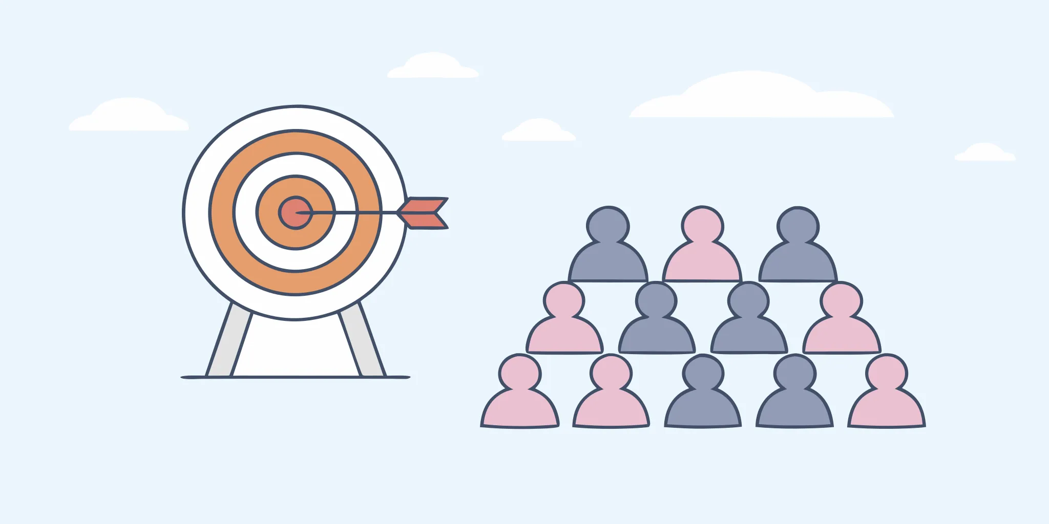 An arrow in a bullseye on a target defining a specific market of people.