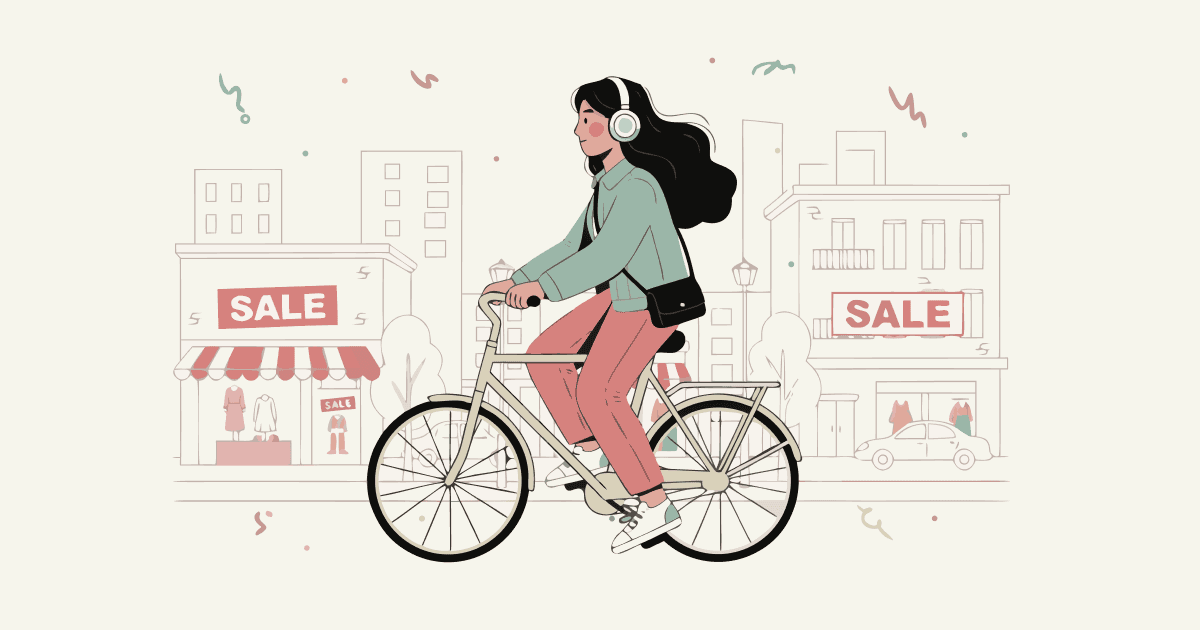 Illustration of a young woman with headphones riding a bicycle past storefronts with sale signs, ignoring the shopping around her, on a cream background with colorful hand-drawn doodle marks
