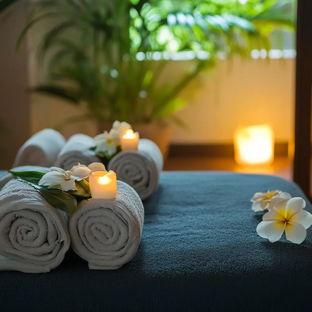 Rolled white towels adorned with fresh flowers and glowing candles on a massage table, set in a serene spa environment with lush greenery and soft ambient lighting.